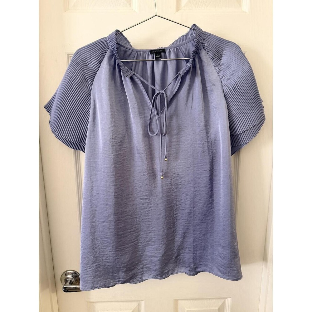 Ann Taylor Light Blue Pleated Sleeve Blouse with Tie Neck